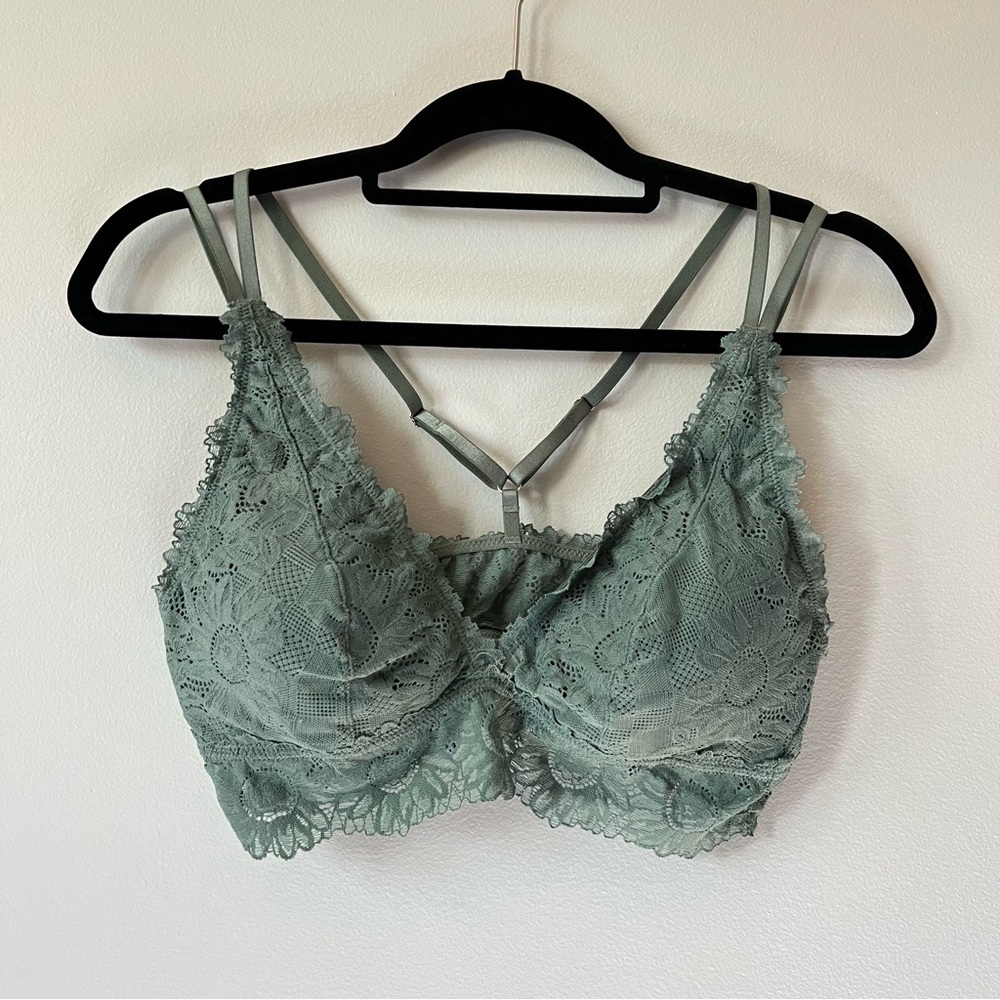 Aerie Anytime Sunflower Lace Padded Plunge Bralette in Green Size L New - Picture 3 of 10